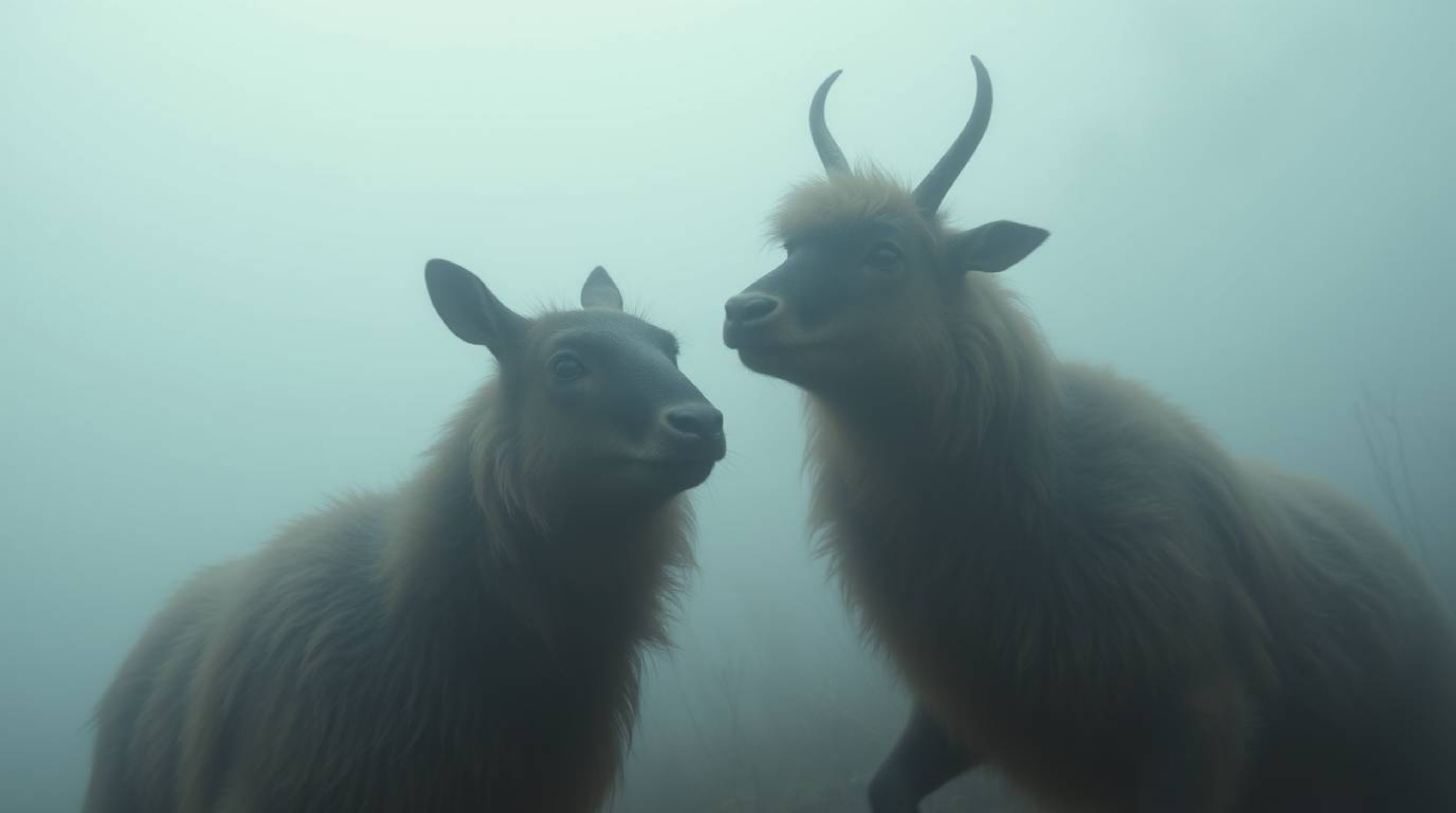 A captivating cinematic image showcases two talking animals amidst a thick fog, engaging in playful mischief.  The dramatic l