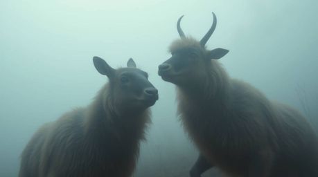 A captivating cinematic image showcases two talking animals amidst a thick fog, engaging in playful mischief.  The dramatic l