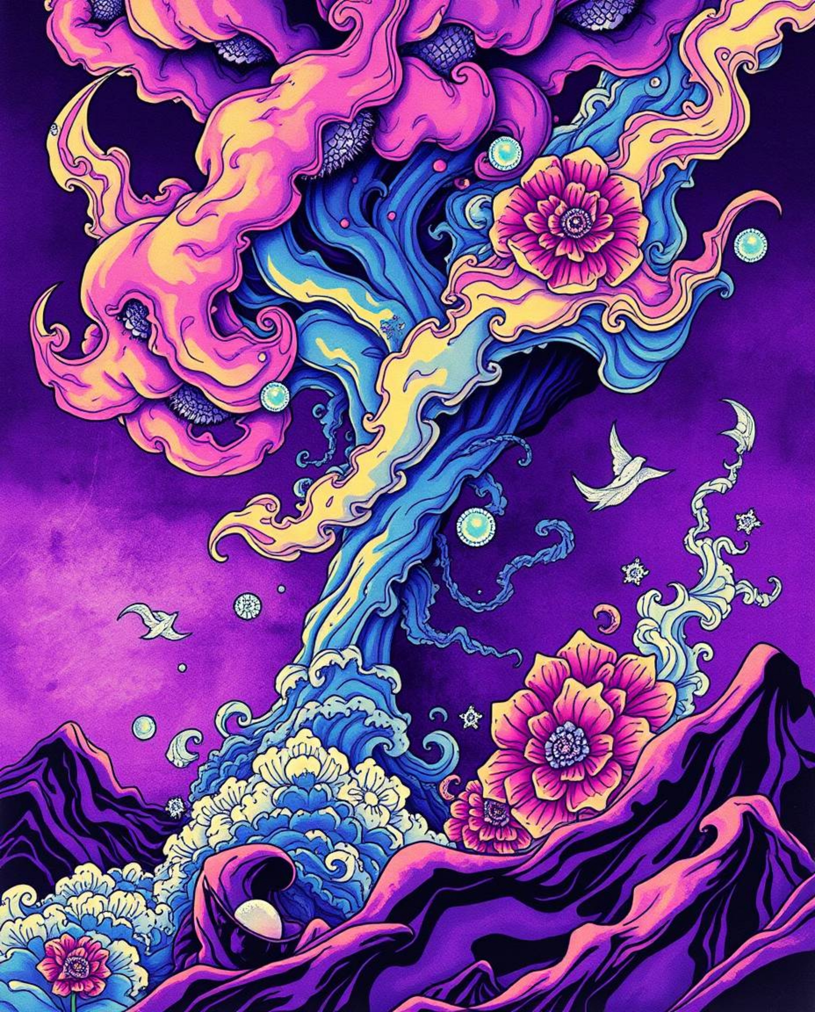 Explore the captivating world of deep ultraviolet hues blended with traditional tattoo art in this series of surreal storm pr