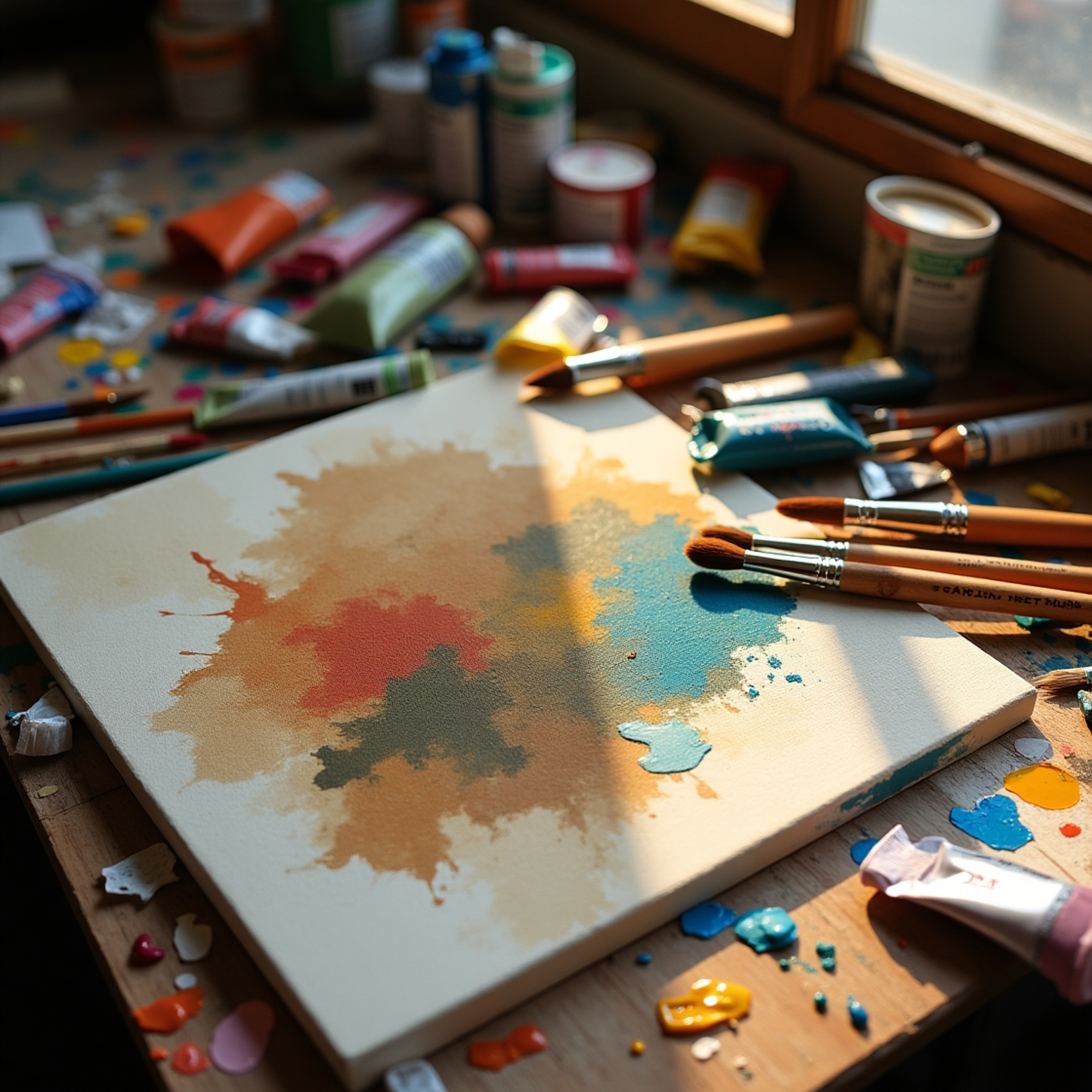 A glimpse into a creative haven: an artist's meticulously cluttered desk, bathed in soft, warm light. Worn, wooden-handled p
