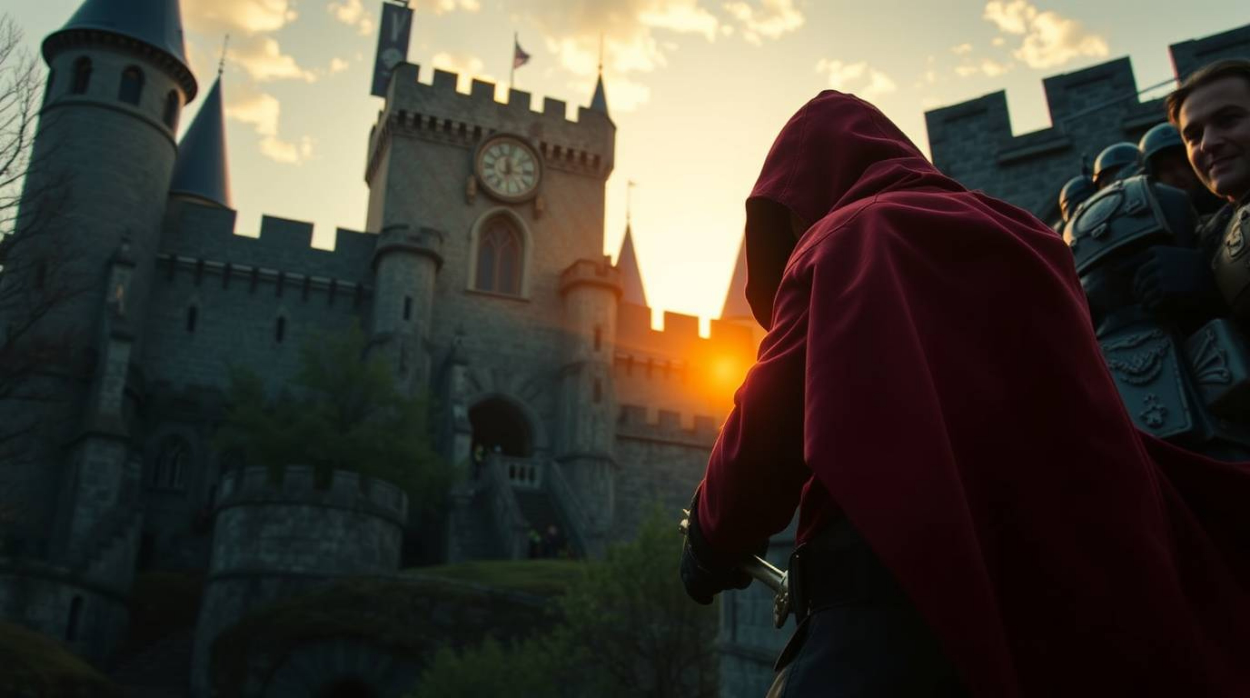 A thief attempts a daring heist, sneaking into a heavily guarded castle bathed in the warm, golden light of either sunrise or