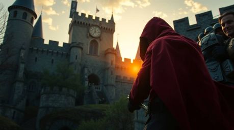 A thief attempts a daring heist, sneaking into a heavily guarded castle bathed in the warm, golden light of either sunrise or