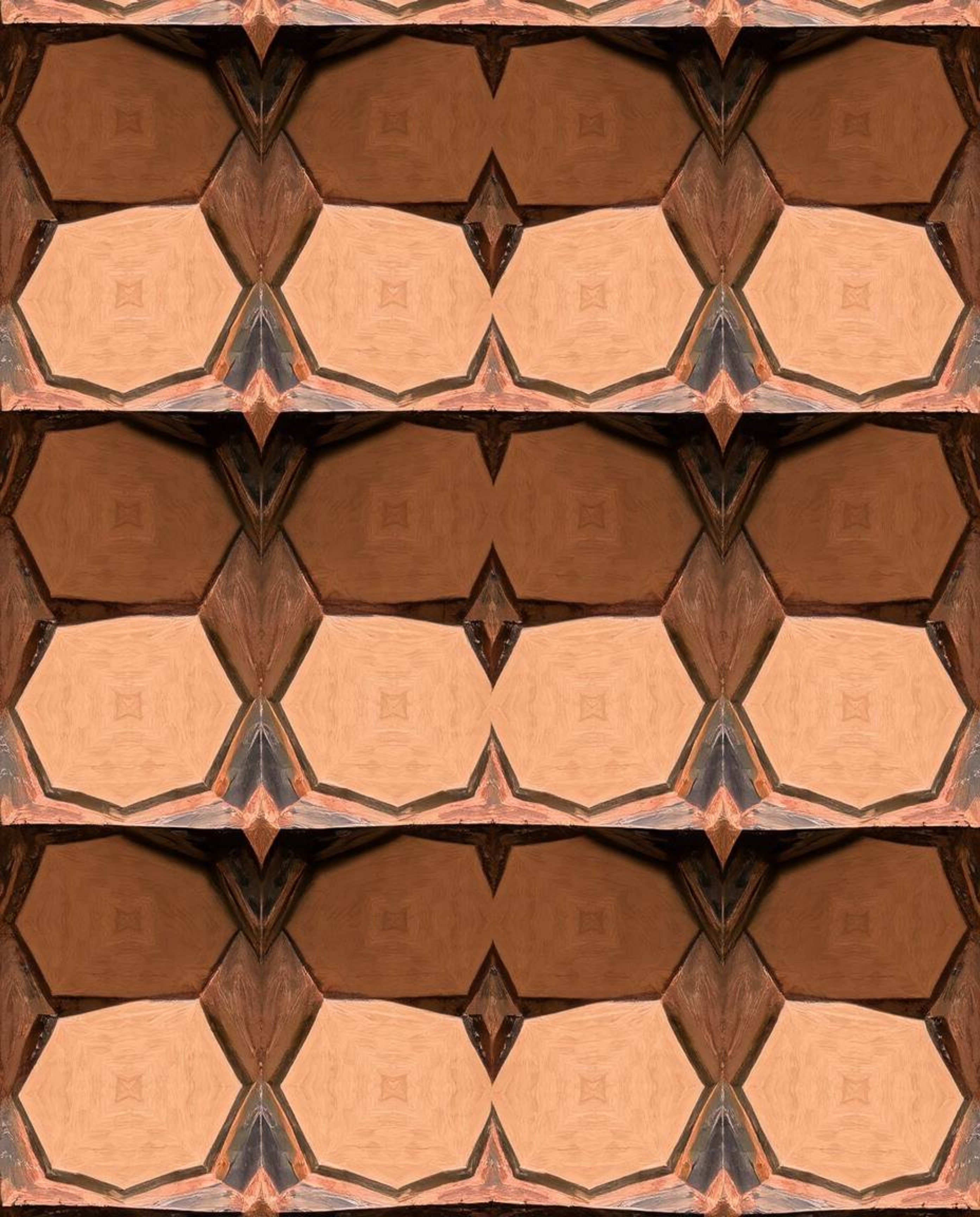 This image showcases a classic oil painting style, viewed from above, with a seamless geometric pattern composed of hexagons 