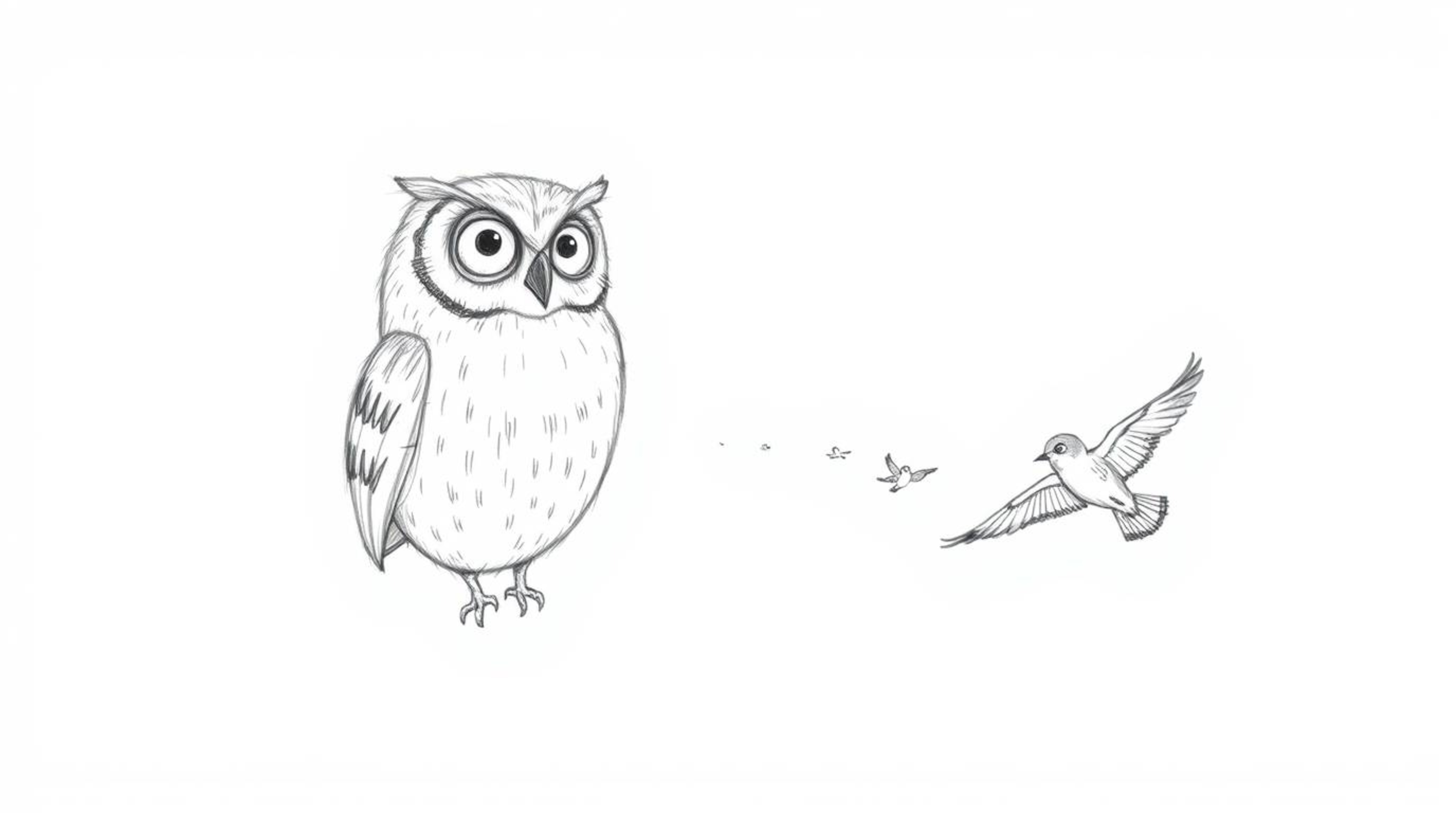 A heartwarming hand-drawn sketch in the style of Pixar depicts a blind owl serenely guiding a flock of birds in flight.  Rend
