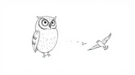 A heartwarming hand-drawn sketch in the style of Pixar depicts a blind owl serenely guiding a flock of birds in flight.  Rend