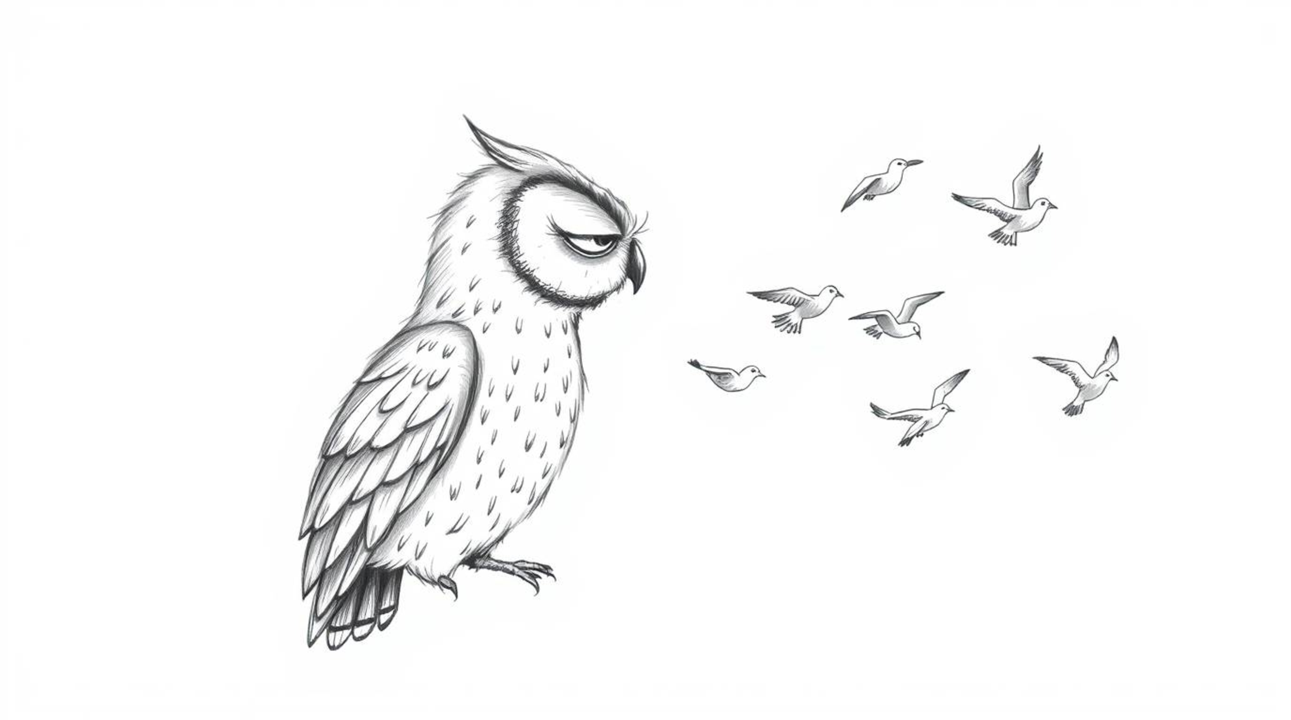 A heartwarming hand-drawn sketch, rendered in the style of Pixar, portrays a blind owl with delicately feathered texture impa