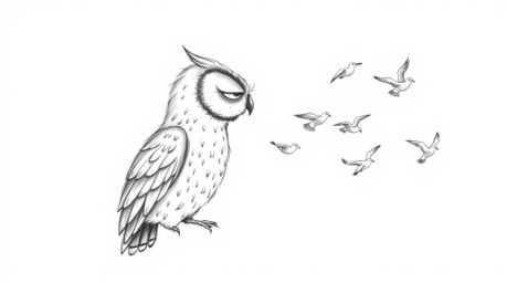 A heartwarming hand-drawn sketch, rendered in the style of Pixar, portrays a blind owl with delicately feathered texture impa