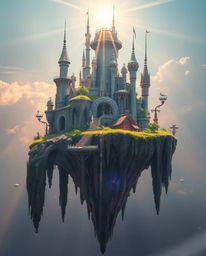 Experience a surreal and captivating scene with a floating island boasting bizarre architecture and bathed in vibrant colors.