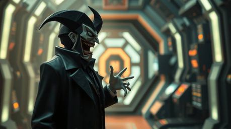 A comical depiction of a villain's meltdown within a futuristic, high-tech lair, rendered in intricate origami style. The ima