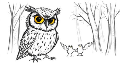 A heartwarming hand-drawn sketch in the style of Pixar, depicting a wise, blind owl with a gentle expression guiding fledglin