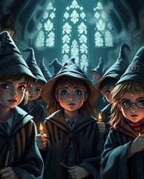 Explore a magical school brimming with young wizards, each possessing adorable and charming features. The scene is rendered w