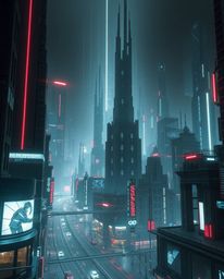 A stunning depiction of a futuristic city in glitch mode, rendered in a refined style with strong contrasts and deep shadows.