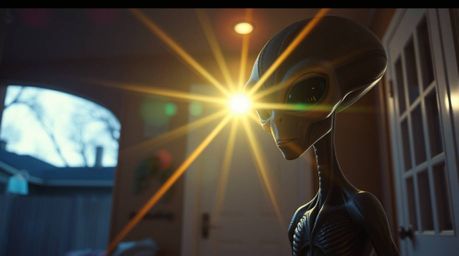 A striking image depicts an alien comfortably settled within a suburban home setting, characterized by bright lens flares and