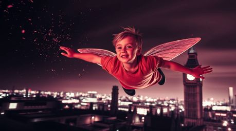 Explore the captivating world of surreal infrared photography featuring a young boy with fair skin seemingly flying above Lon