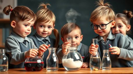 Capture the charm of adorable and cute quirky children in school uniforms playfully conducting science experiments.  Their en