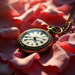 A timeless scene unfolds as a beautifully engraved, vintage golden pocket watch rests gently on a bed of soft pink rose petal