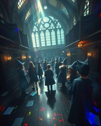 Discover a high-angle perspective of a magical school brimming with young wizards. Iridescent reflections cast a mystical, en