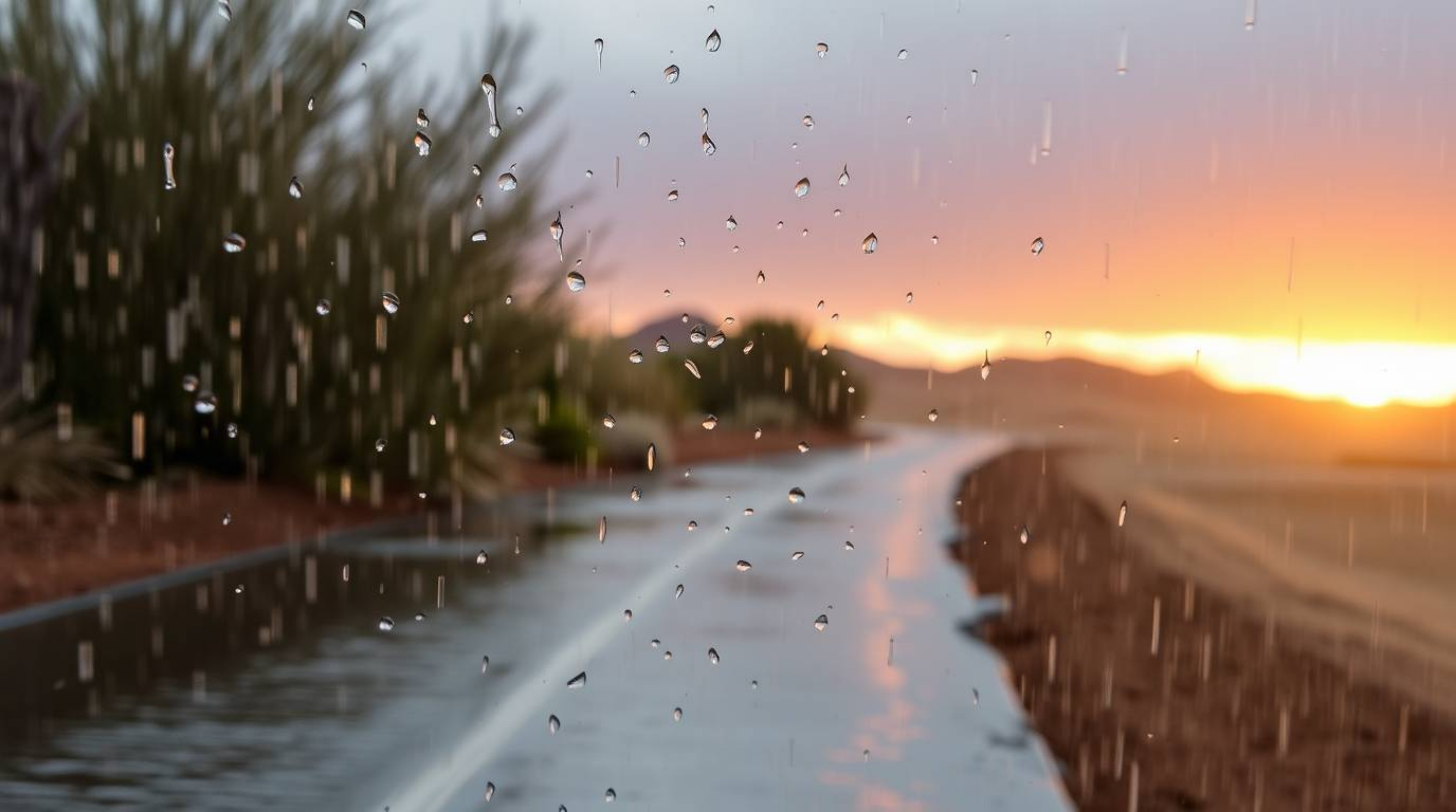 A captivating image depicting a wet, rainy sunset over golden desert dunes.  The scene features natural earth tones, muted br