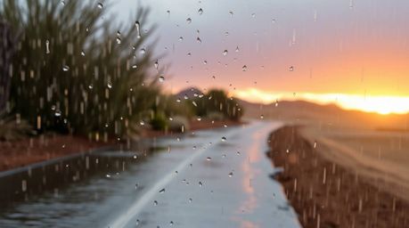 A captivating image depicting a wet, rainy sunset over golden desert dunes.  The scene features natural earth tones, muted br