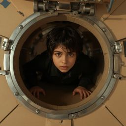 A captivating image in the style of Pixar features a boy with mesmerizing brown eyes, crawling through a meticulously detaile