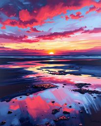 A classic oil painting depicts a sunset sky mirrored in tidal pools on a beach, rendered in a sophisticated and elegant style