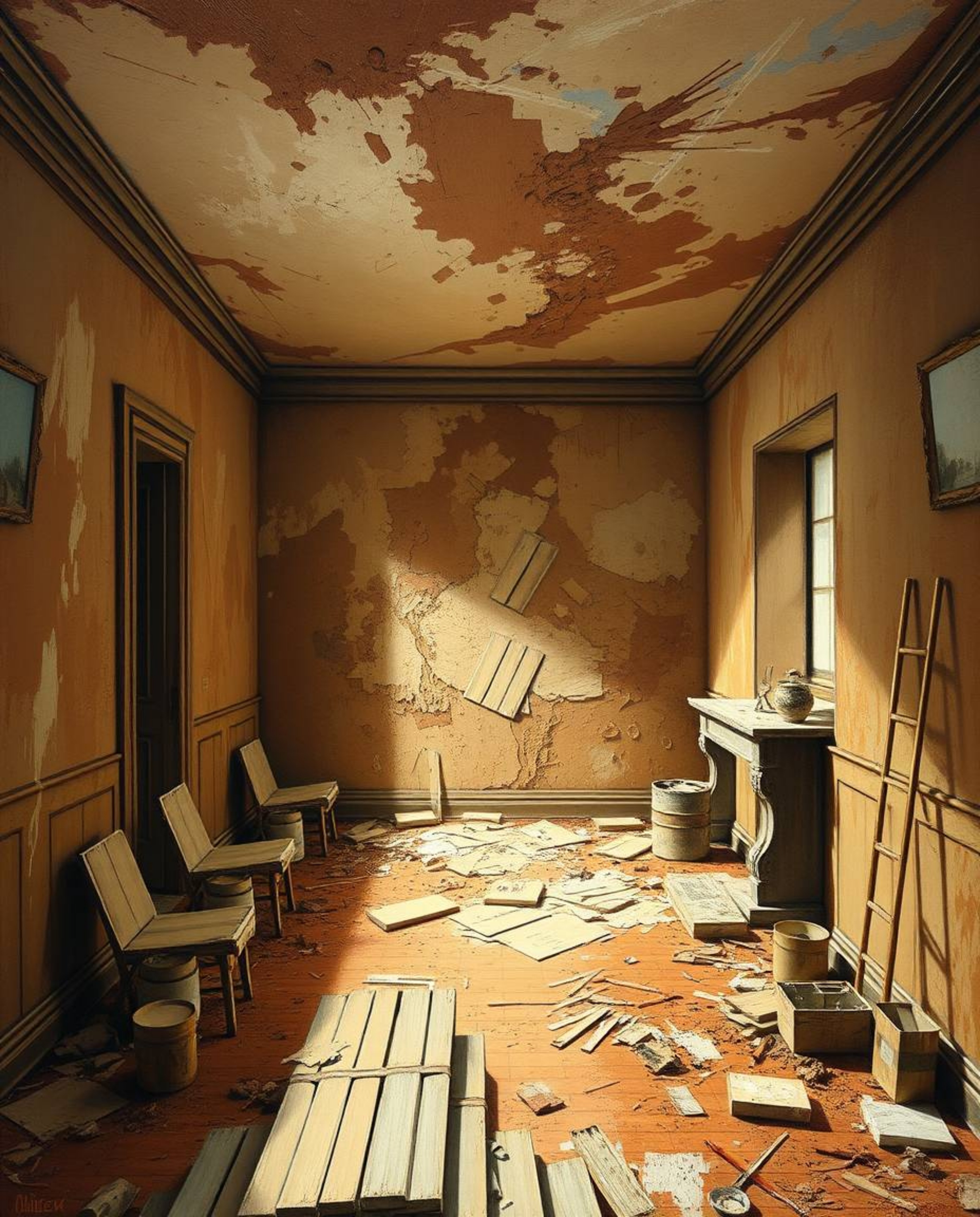 A dynamic and visually striking artwork depicting a room exploding with paint, rendered in the style of classic oil painting.