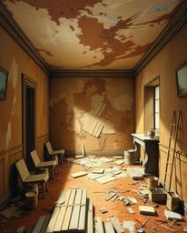 A dynamic and visually striking artwork depicting a room exploding with paint, rendered in the style of classic oil painting.