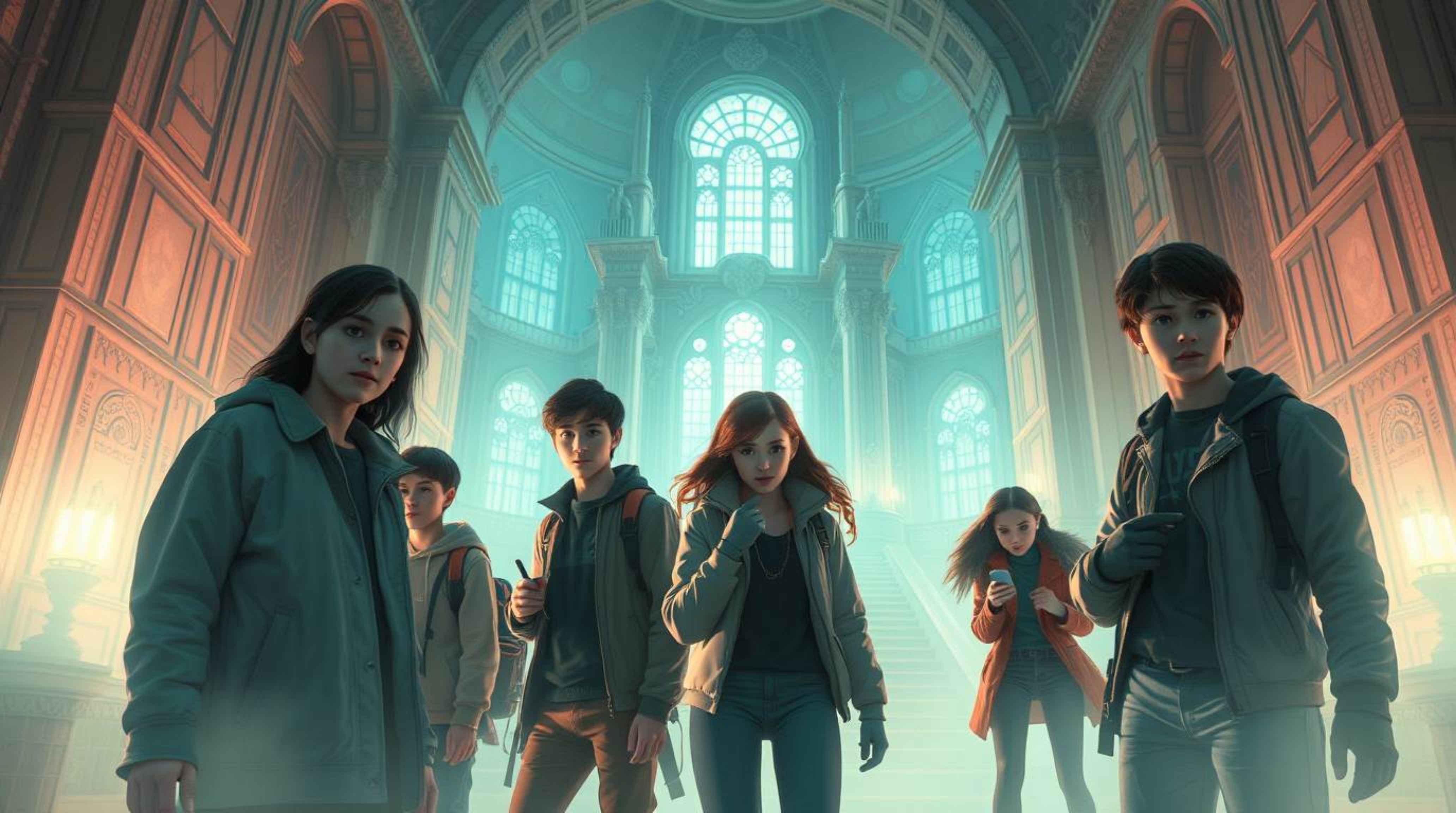 Dive into a captivating mystery unfolding within a grand, futuristic haunted mansion.  Follow a group of heroic teens as they