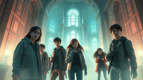 Dive into a captivating mystery unfolding within a grand, futuristic haunted mansion.  Follow a group of heroic teens as they
