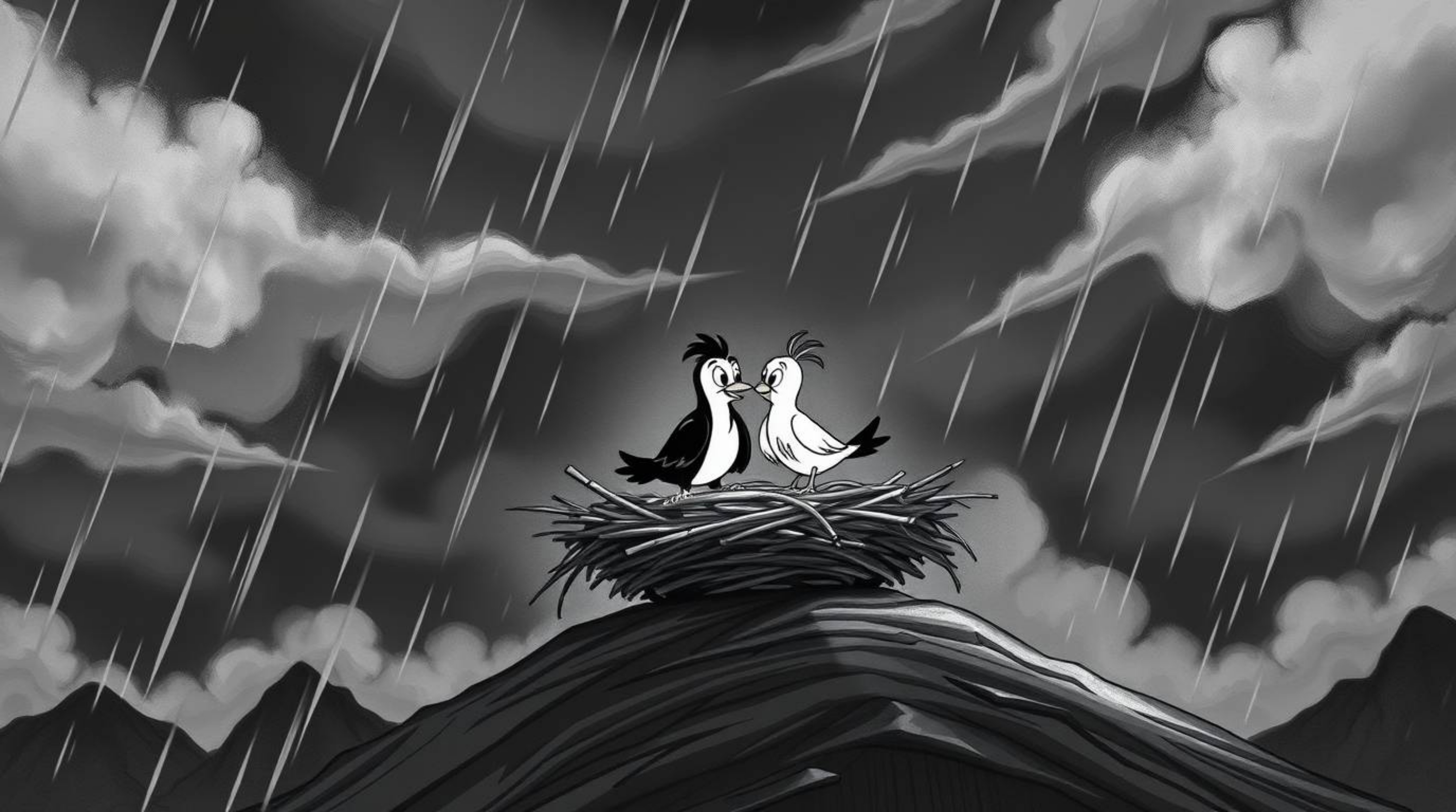 Experience the timeless elegance of classic black and white animation with two cartoon birds diligently building their nest a