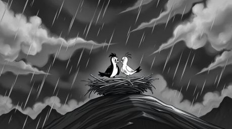 Experience the timeless elegance of classic black and white animation with two cartoon birds diligently building their nest a