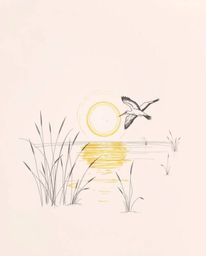 A hand-drawn sketch on a white background, depicting a graceful and elegant golden hour scene in the wetlands with herons fly