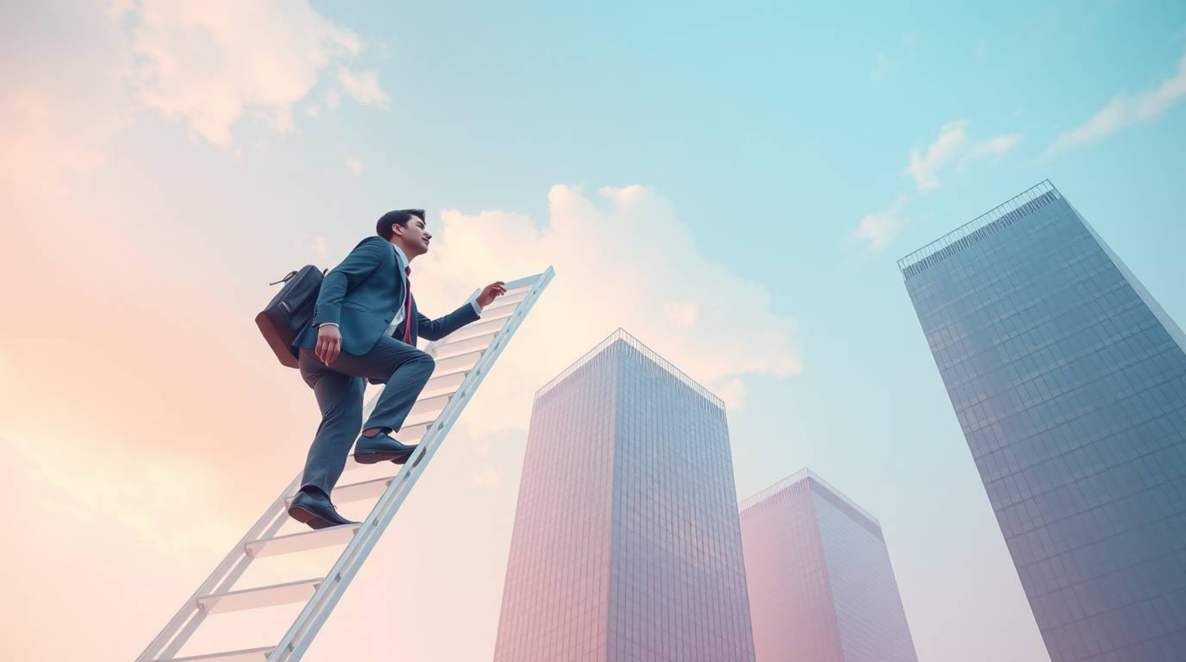 A captivating abstract artwork depicting a gentle ascent to success.  A businessperson with soft features climbs a transparen