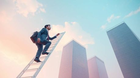 A captivating abstract artwork depicting a gentle ascent to success.  A businessperson with soft features climbs a transparen