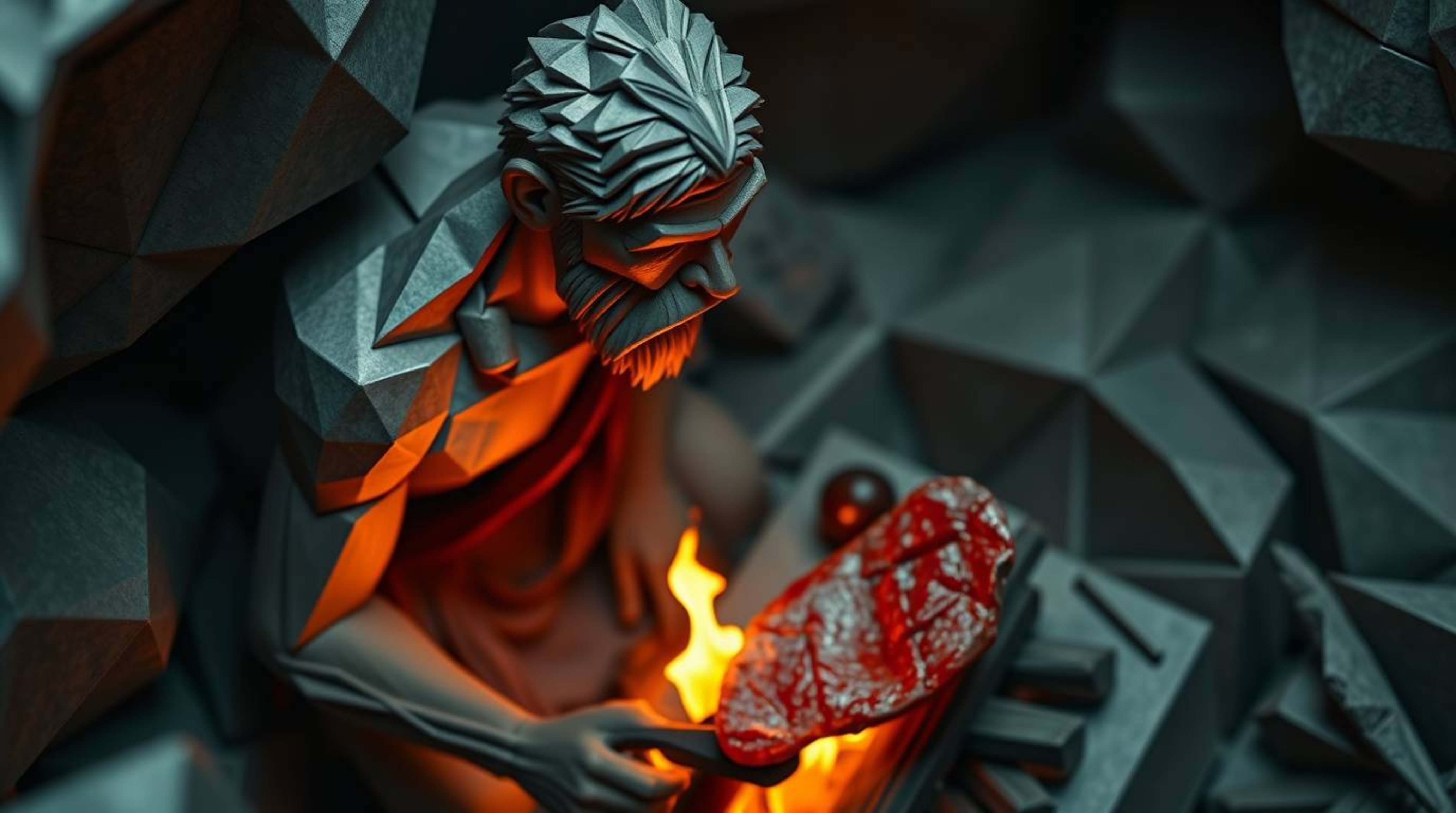 A high-angle perspective showcases an intricate origami-style scene of a caveman with defined facial features cooking mammoth