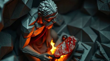 A high-angle perspective showcases an intricate origami-style scene of a caveman with defined facial features cooking mammoth