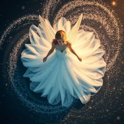 Experience a captivating overhead view of a fairy godmother, elegantly poised within a swirling vortex of sparkling particles