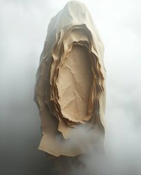 Explore a world of layered papier-mâché where thick fog obscures the scene, revealing only abstract shapes punctuated by glit