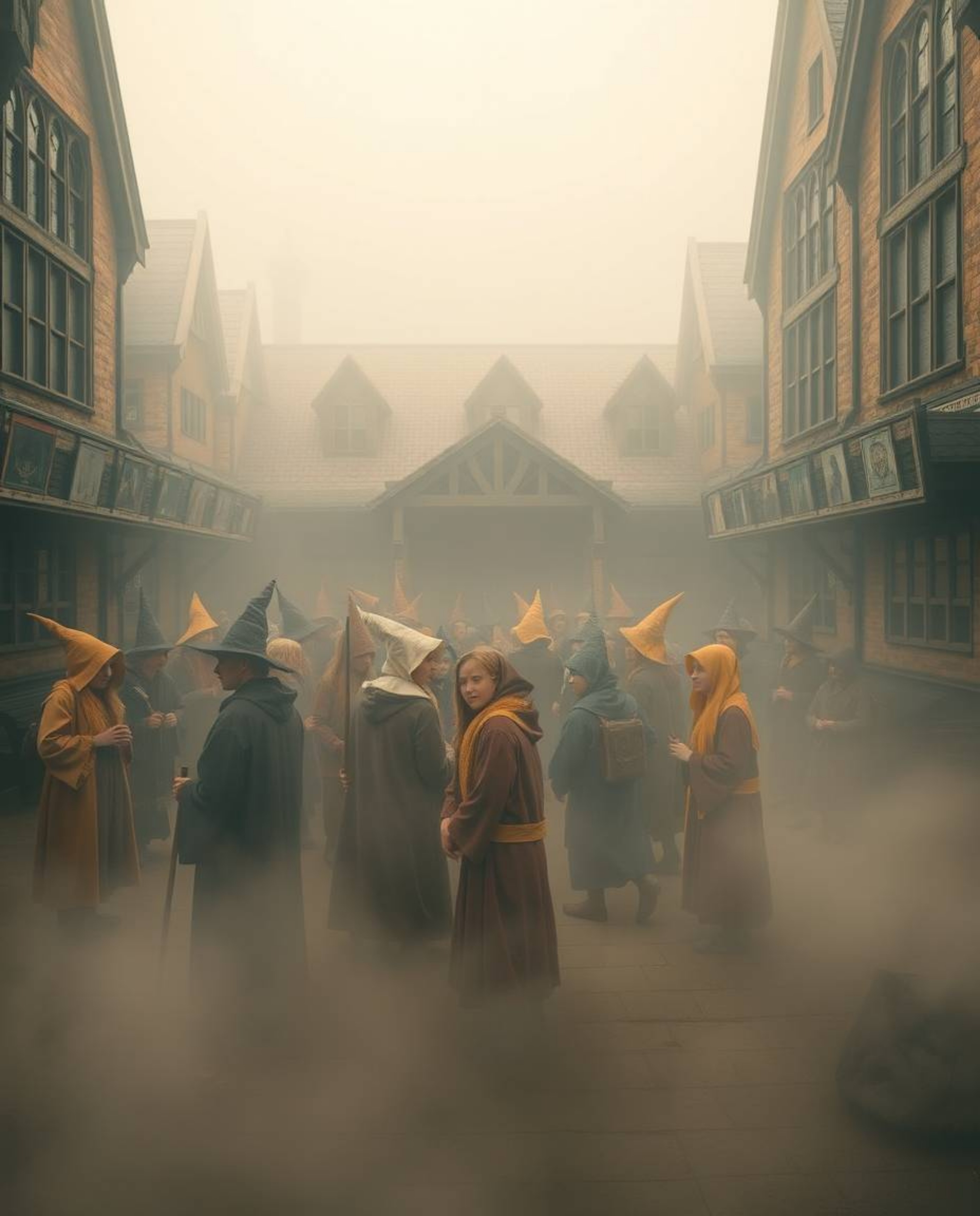 Discover a captivating image of a magical school nestled in a mystical fog.  Young wizards inhabit this enchanting setting, r