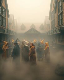 Discover a captivating image of a magical school nestled in a mystical fog.  Young wizards inhabit this enchanting setting, r