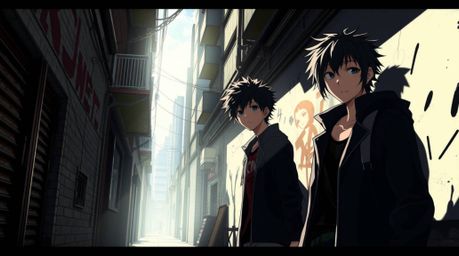 A strong, hard light illuminates a grungy city alley scene reminiscent of an Isekai anime. Rebellious teens are depicted in a