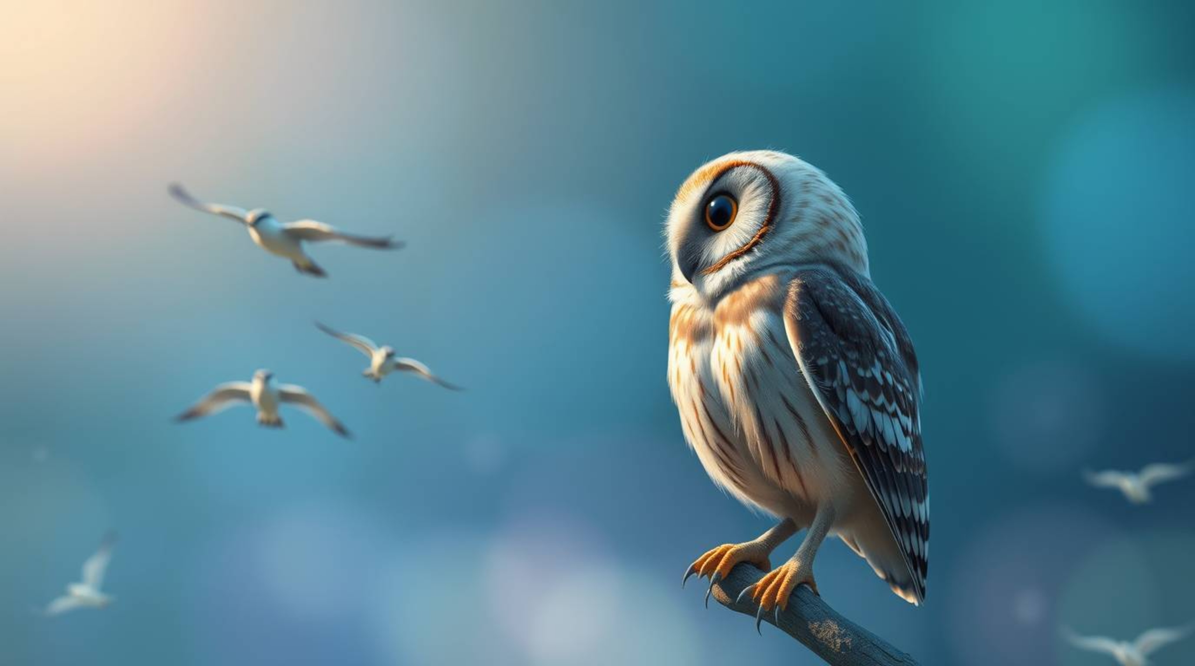 This photographic illustration, created with a long exposure for an ethereal feel, depicts a wise, blind owl in a signature P