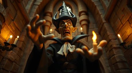 A captivating low-angle perspective photograph showcases a classic Disney villain conjuring a spell within the aged walls of