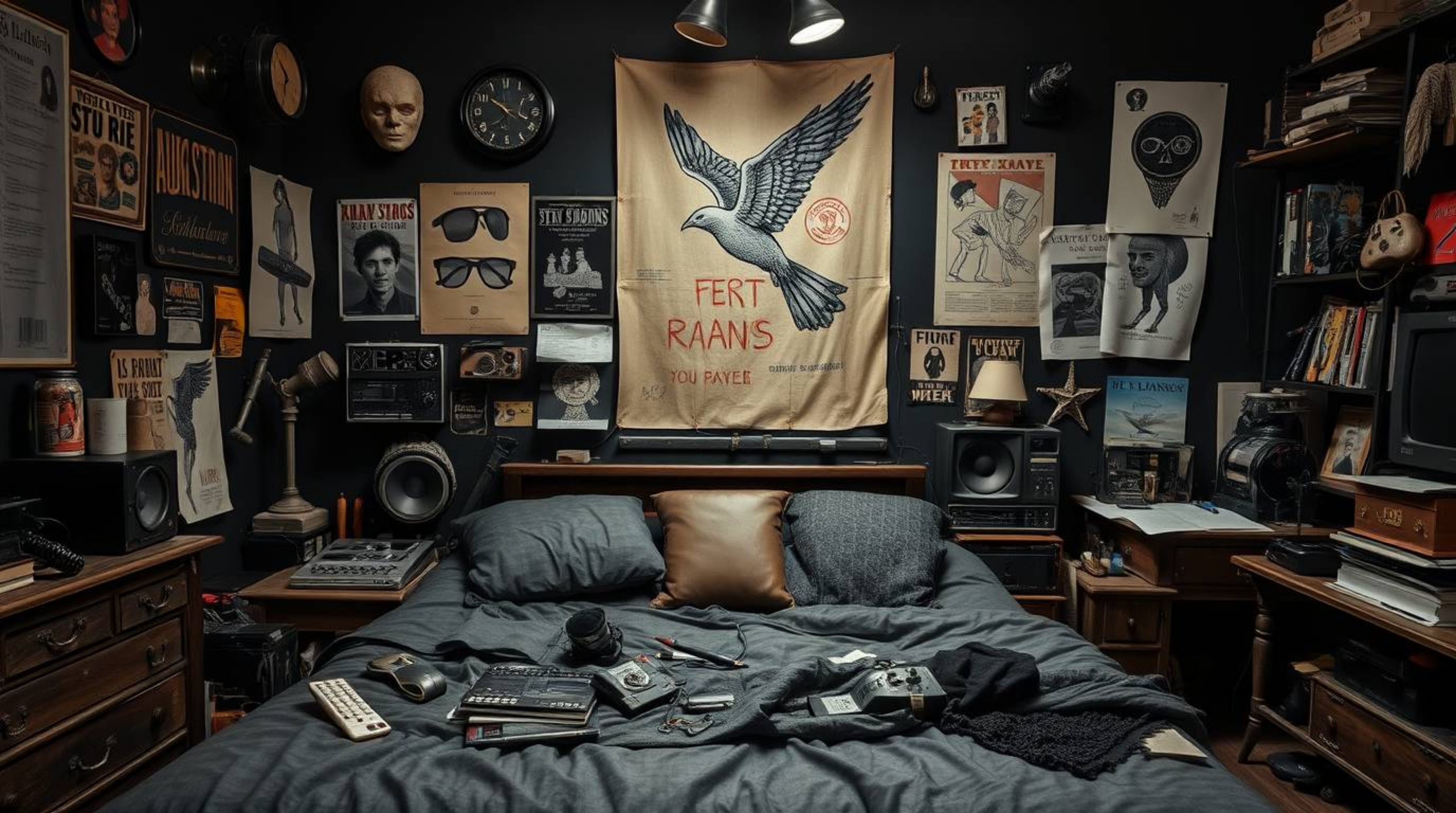 A captivating image of a messy bedroom, rendered in a cast bronze finish, showcases a pure black aesthetic.  Intense jet blac