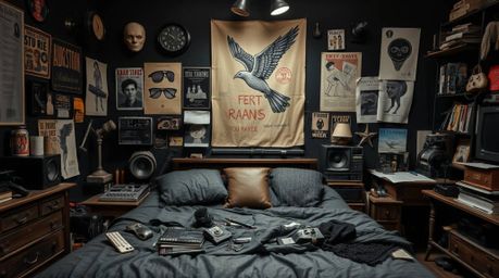 A captivating image of a messy bedroom, rendered in a cast bronze finish, showcases a pure black aesthetic.  Intense jet blac