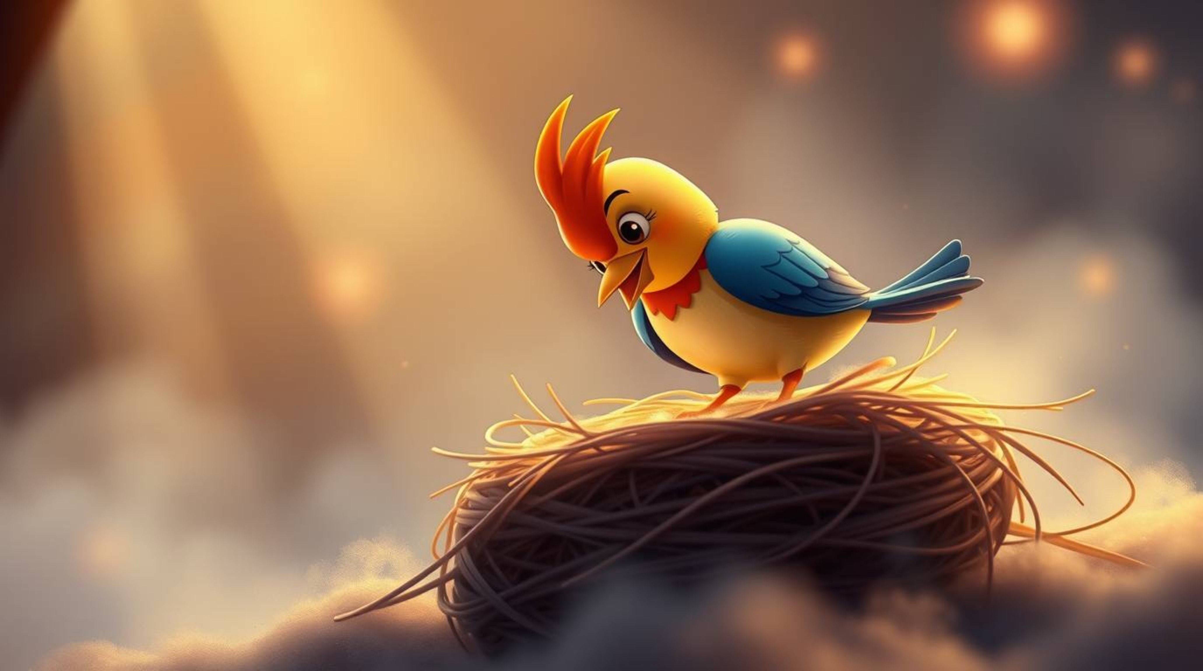 A delightful digital painting showcasing two cartoon birds constructing a nest.  Rendered in a classic animation style with b