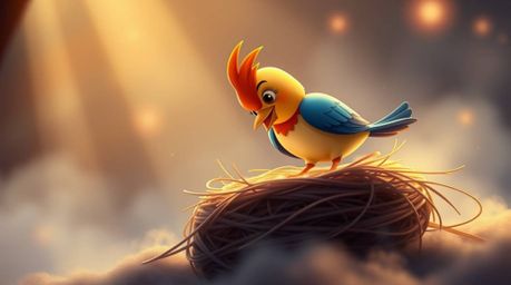 A delightful digital painting showcasing two cartoon birds constructing a nest.  Rendered in a classic animation style with b