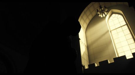 A high-resolution cinematic photograph depicting a thief, a dark figure partially obscured in shadow, infiltrating a well-lit