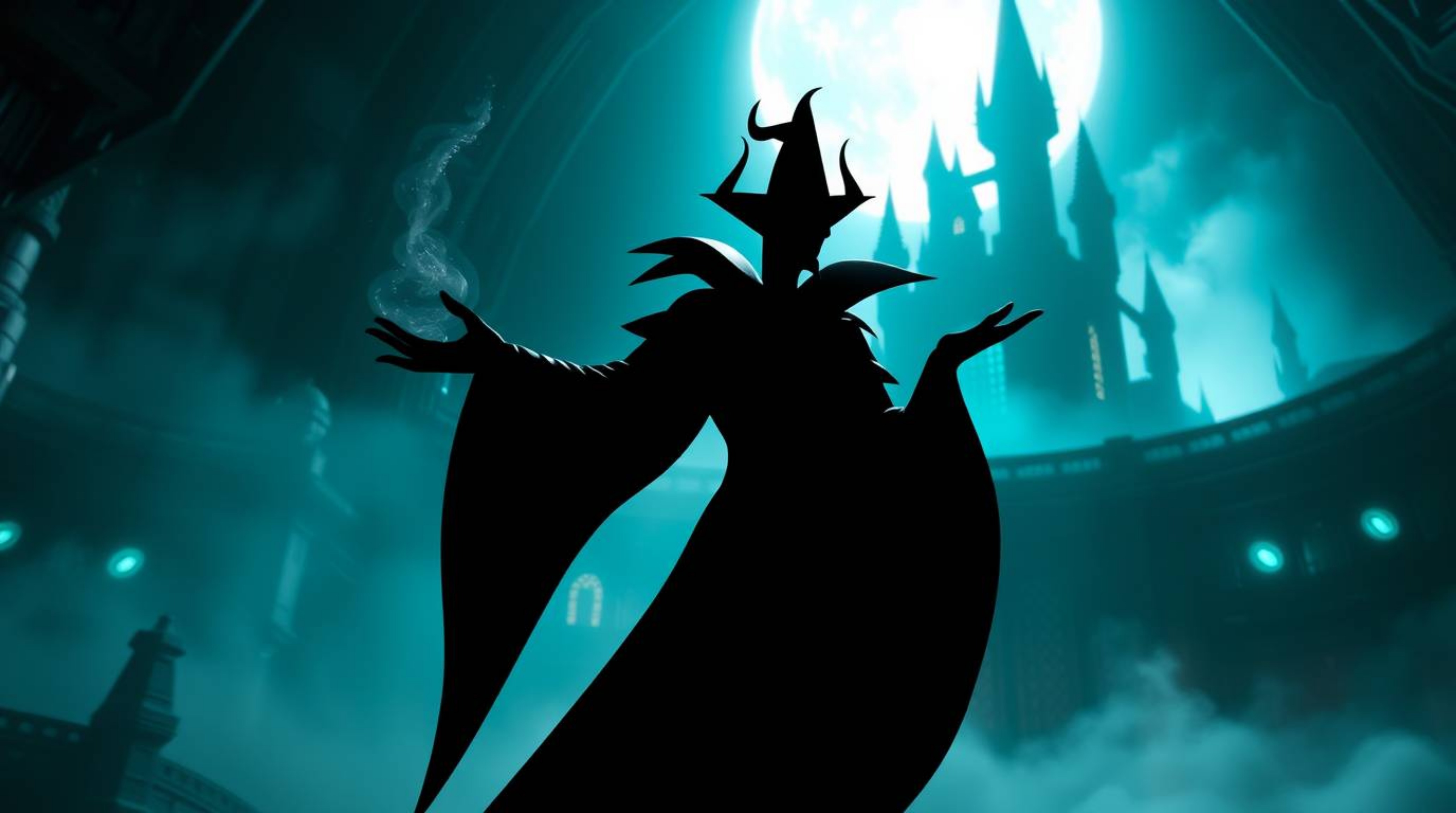 A classic Disney villain, silhouetted against a futuristic sci-fi castle, casts a powerful spell. The scene blends ethereal s