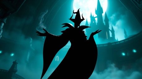 A classic Disney villain, silhouetted against a futuristic sci-fi castle, casts a powerful spell. The scene blends ethereal s